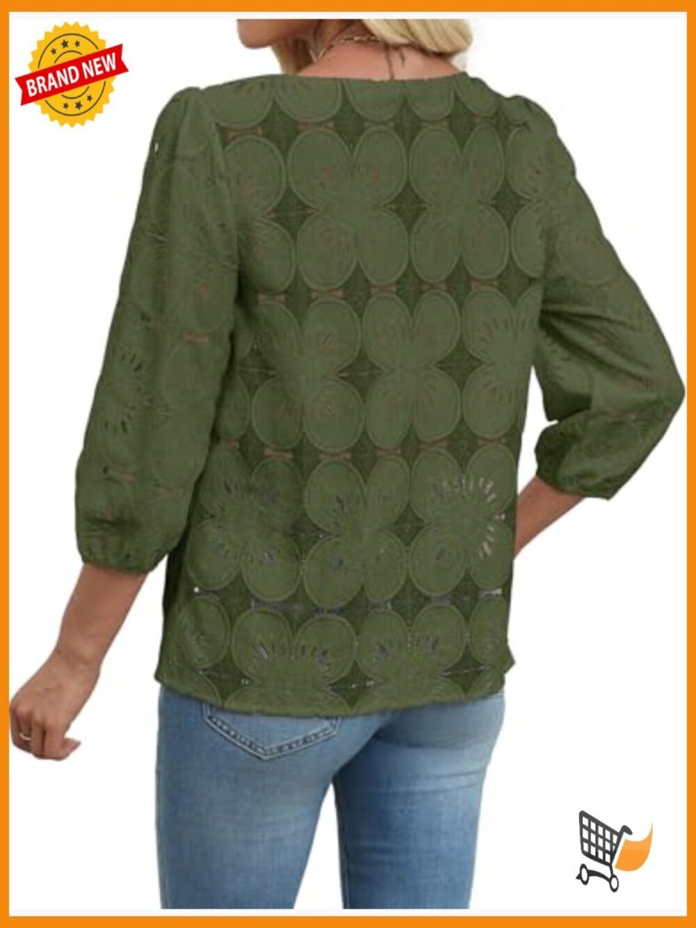 Lace Eyelet Blouse 3/4 Sleeve Peasant Top Lightweight Nylon Blend - Picture 5 of 7